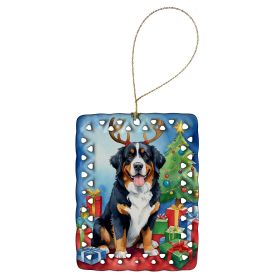 Bernese Mountain Dog Christmas Reindeer Porcelain Ornament Christmas Tree Hanging Decorations for Home Christmas Holiday, Rectangle, Gift, Multicolor