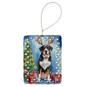 Greater Swiss Mountain Dog Christmas Reindeer Porcelain Ornament Christmas Tree Hanging Decorations for Home Christmas Holiday, Rectangle, Gift