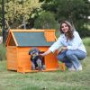 Wooden Dog House, Indoor Outdoor Pet Shelter with Platform, PVC Curtain, Door, Asphalt Roof, Pet House for Small to Medium Sized Dogs, Orange